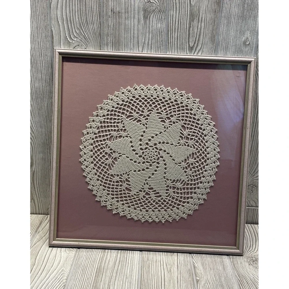 Vintage Framed Crochet Doily Wall Art Handmade Lace Decor Wood Frame 15.5